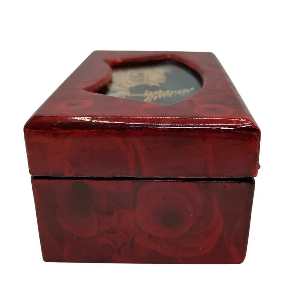 Chinese Jewelry Box Cork Art Lacquer Trinket Box Intricate Red‎ Interior Latch
